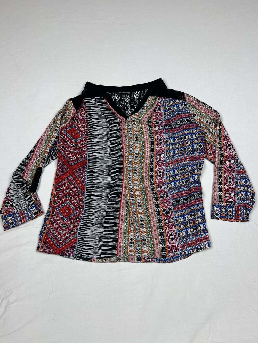 Zac & Rachel Woman Boho Colorful Patchwork Print Blouse with Lace Accents